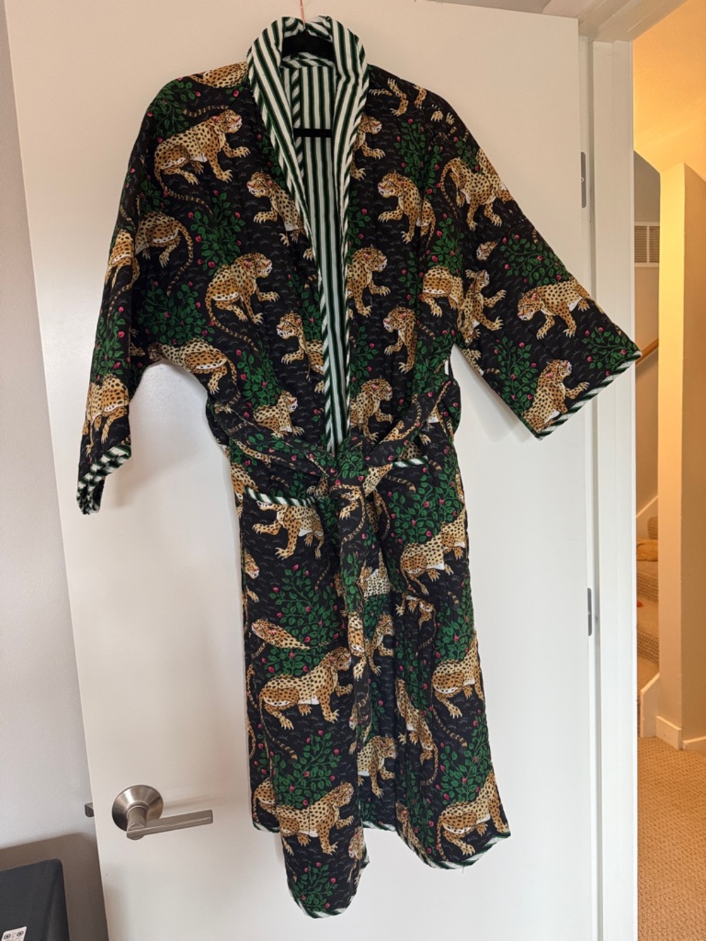 Printfresh Black Leopard & Green Botanical Cotton Robe with Striped Trim